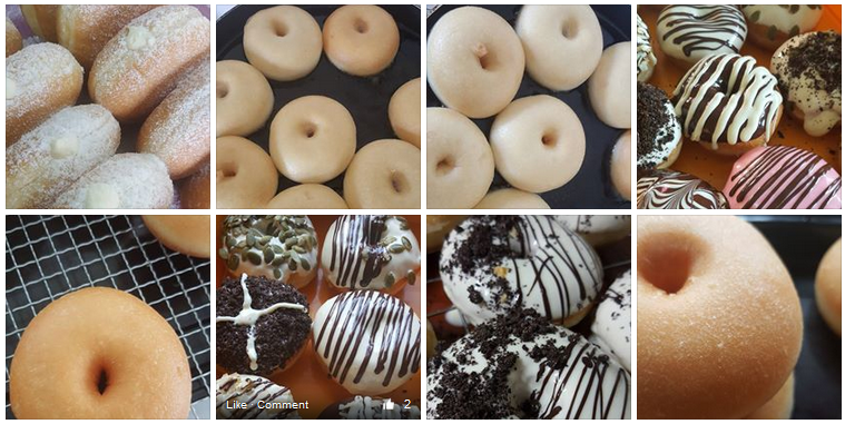 Donut gebu yang kuning keemasan dan lembut tersusun di atas dulang
