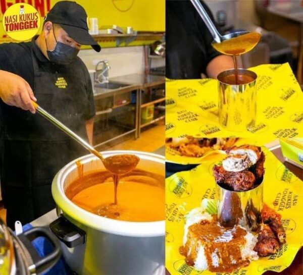 Pinggan nasi kukus dengan ayam goreng dan sambal
