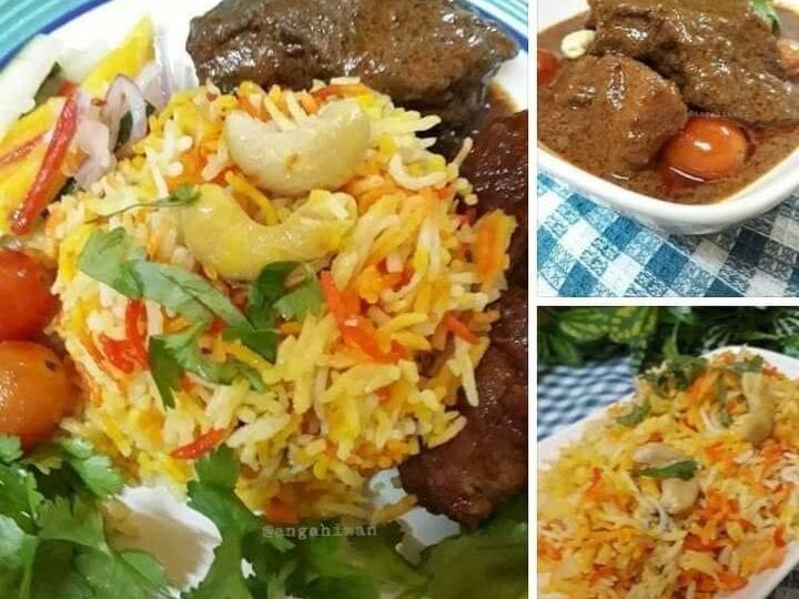 Nasi minyak dihidang bersama daging beriani