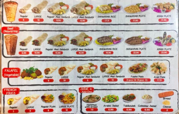 Menu shawarma dan harga di Shawarma Damascus